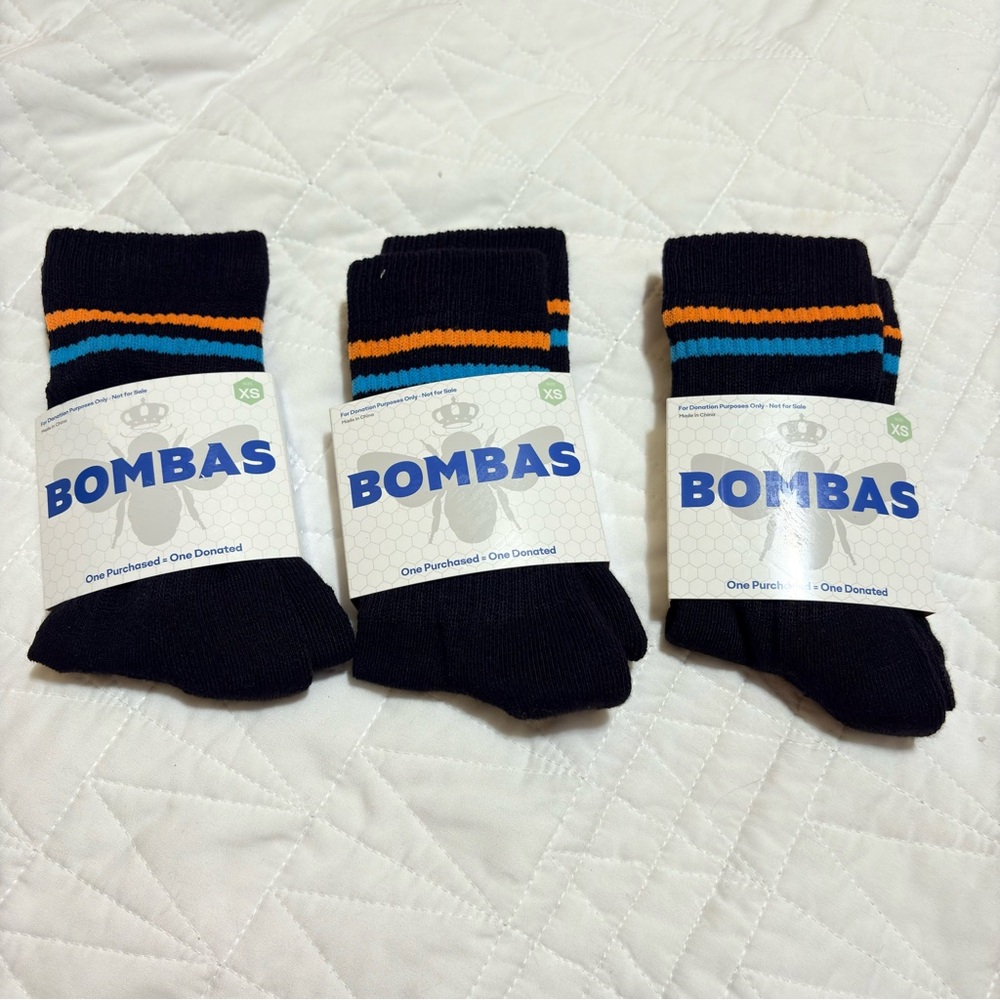 Bombas XS Black Calf Socks Blue Orange Stripes Honeycomb Grip New Set of 3